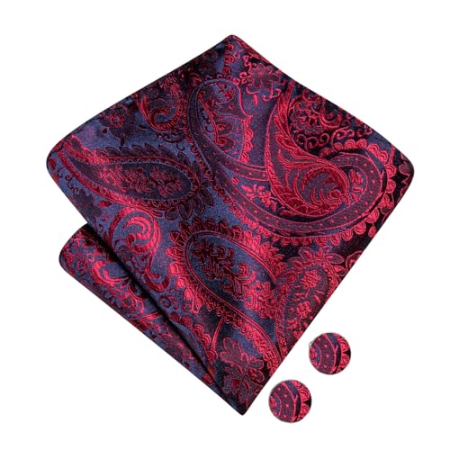 Image of Hi-Tie Bow Tie Men Pre Tied Bowtie Pocket Square Cufflinks Lapel Pin Formal Wedding Bow Ties for Men Party Tuxedo Bowtie Set,Navy Blue Red Paisley Floral