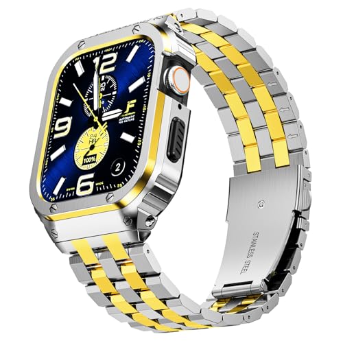 Image of SUPLINK Stainless Steel Bands with Case Compatible with Apple Watch 10 Band /Apple Watch 11 Band 46mm, Metal Rugged Protective Bumper for iWatch Band Men, Silver and Gold