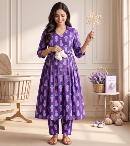 Image of DUMMY SHAPE Maternity Dresses for Women Cotton | Floral Kurta Pant Dupatta Set with Nursing Zippers, Side Pocket | Pre & Post Pregnancy | Feeding Kurti Suit | Baby Shower | Gifts for Pregnant Woman