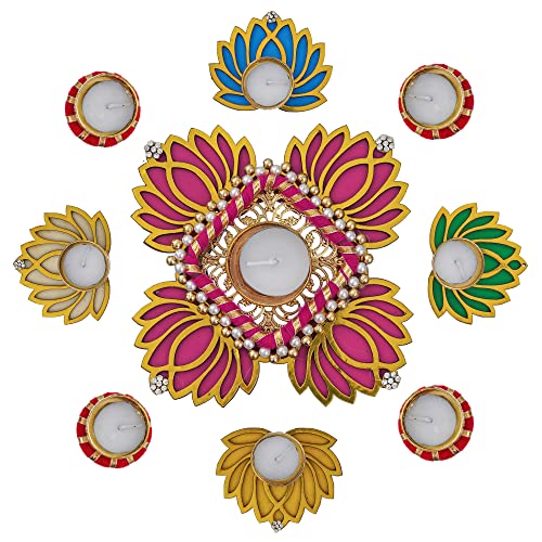Image of Sanvatsar Home Decorative Lotus Rangoli & Lotus Diya Set | Corporate Gift, Diwali Gift, Diya for puja Home Decoration Light Diya, Christmas Candle, Lighting, New Year Candle Set of 9.