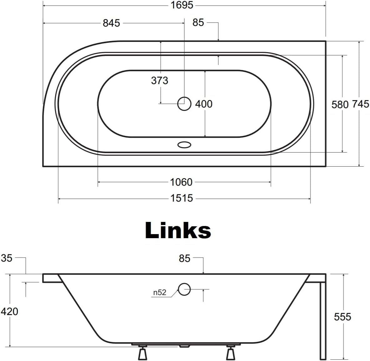 VBChome Badewanne 170x75 cm Acryl SET Schürze Siphon Wanne Ecke Eckbadewanne Antirutsch Weiß Design Modern Ablaufgarnitur Viega Simplex für 2 Personen (170x75 link)