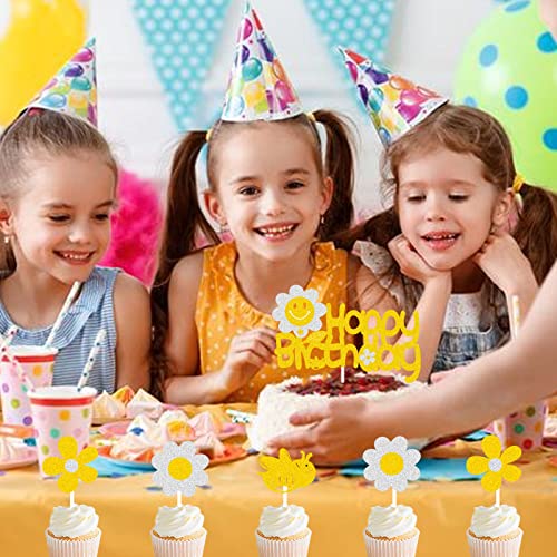 G-Lovely's Daisy Cake Decorations White Sunflower Happy Birthday Cake Topper Glitter Boho Wedding Themed Party Decor Summer Bee Cupcake Toppers Supplies For Baby Shower Girls Kids 1St Birthday #TOP4