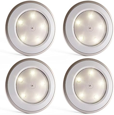 Tap Lights 5-LED USB Rechargeable Push Lights Touch Activated Stick On Battery Powered Puck Lights for Wardrobes, Closets, Cabinets, Cupboards, Counters and Storage Rooms,4 Pack (White)