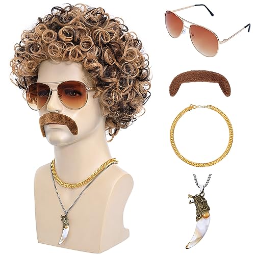 6pcs Set 70s 80s Disco wig with Mustache Glasses Artificial Wolf Necklace Golden Chain Short Curly Hair Afro Mens Wig for 60s Hippies Costume Cosplay Halloween Party (Blonde Mixed Brown)