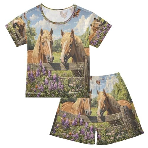 ALAZA Horse Butterfly Blossom Floral Pajamas Set Short Sleeve Cotton Sleepwear Summer Pjs 2 Piece 5-14Y