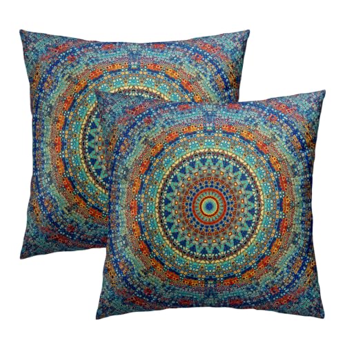 Sweetshow Bohemian Mandala Floral Throw Pillow Covers 18X18 Inches Set of 2 Boho Colorful Retro Ethnic Pillowcase Soft Cotton Square Cushion Covers for Home Sofa Patio Bedroom Decoration