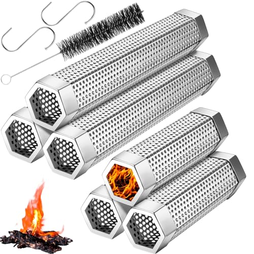 Gisafai 6 Pcs Pellet Smoker Tube 12 Inch 6 Inch Stainless Steel BBQ Tube Smoker with Brush and Hooks 5 Hours of Billowing Pellet Smoker Box Grill Accessories for Grill or Smoker, Hot or Cold Smoking