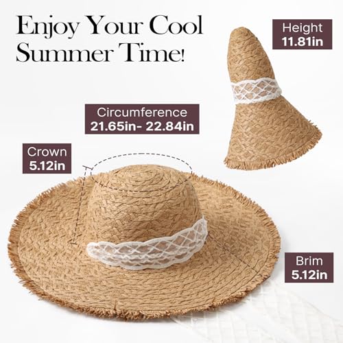 Image of Womens Beach Sun Straw Hat, Wide Brim Sun Hat Travel Foldable Summer Wind Lanyard UPF 50+