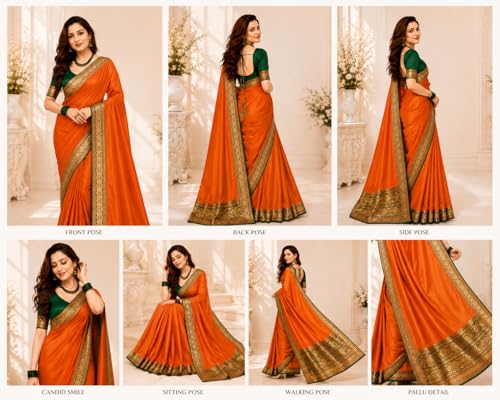 Image of Women's Glory Satin Silk Saree Plain Soft Shiny Elegant Party Traditional Ethnic