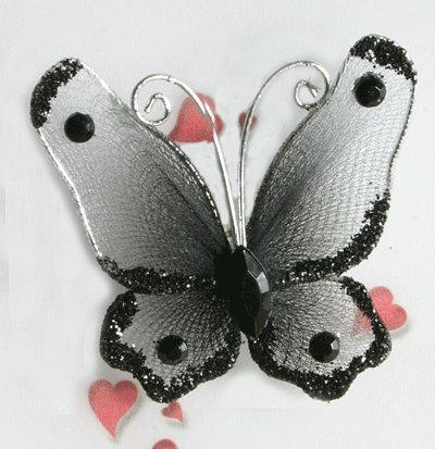 4 X Long Winged Butterfly Wired Sheer Fabric 2 tone White/Black with Black Stones & Glitter 3 x 3.75cm (accesorio de disfraz)