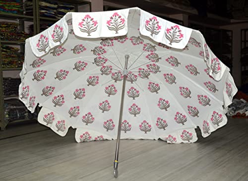 Handmade Wedding Decorations Umbrellas-Block Print Designer Cotton Garden Umbrella Sun Protection Umbrella Boho Umbrellas Parasol, Pink Green Flower, Youth Large / 11-13 #TOP7