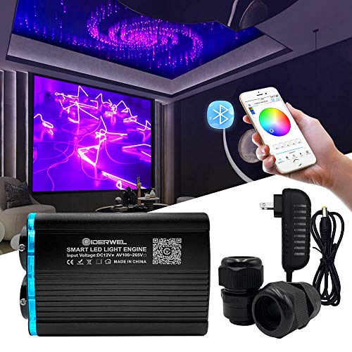 GIDERWEL Smart APP LED Fiber Optic Lights Engine Driver Dual Port RGBW,Bluetooth Color Changing Fiber Optic Star Ceiling Light Source with RF Remote Control for All Kinds of Fiber Optics Cable