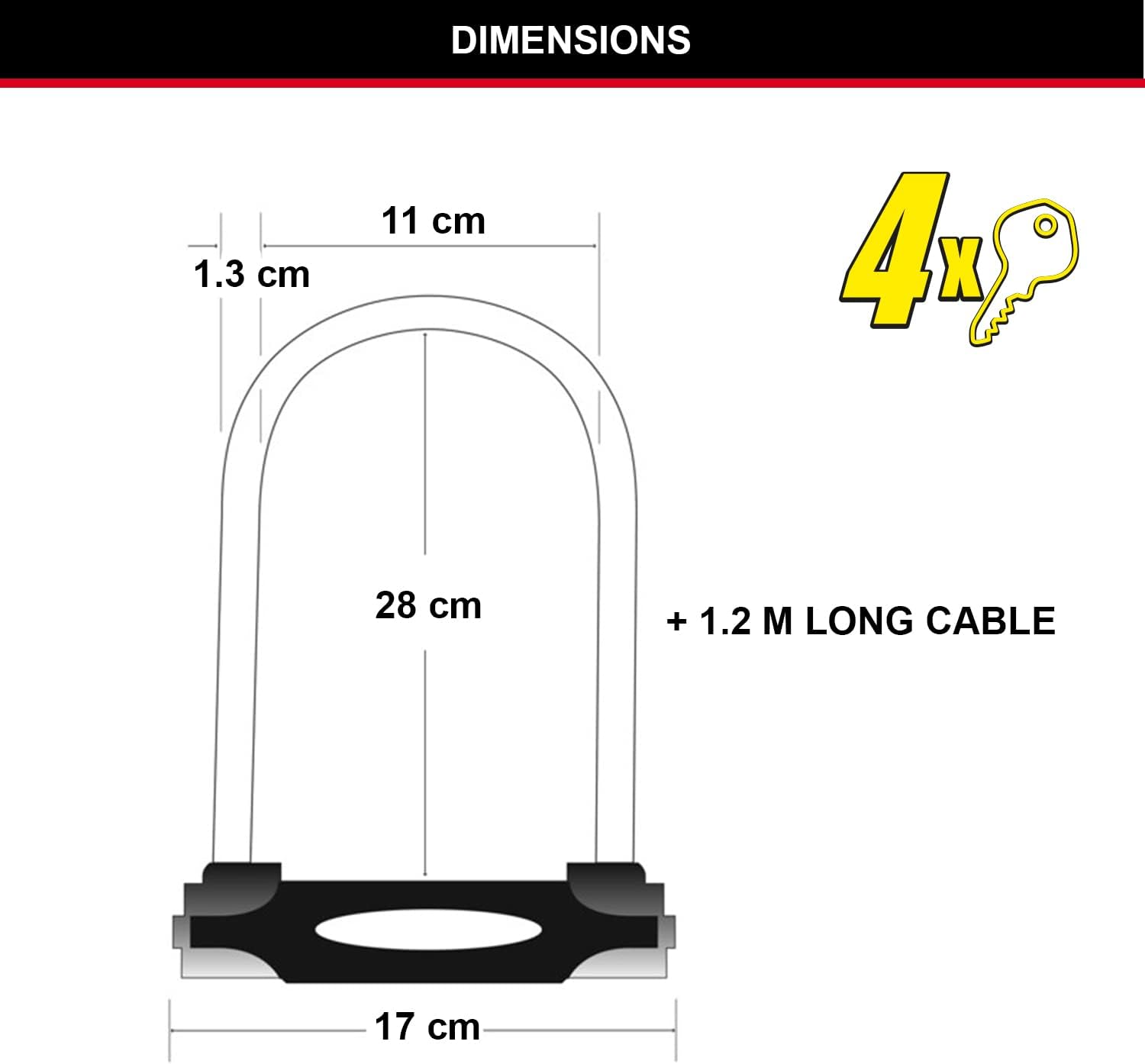 Diagram showing the dimensions of the Master Lock D-Lock and cable