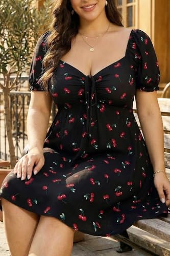 Image of Pinup Fashion Women Plus Size Casual Puff Sleeve Summer Sundress Smocked Short A Line Babydoll Cute Mini Dresses