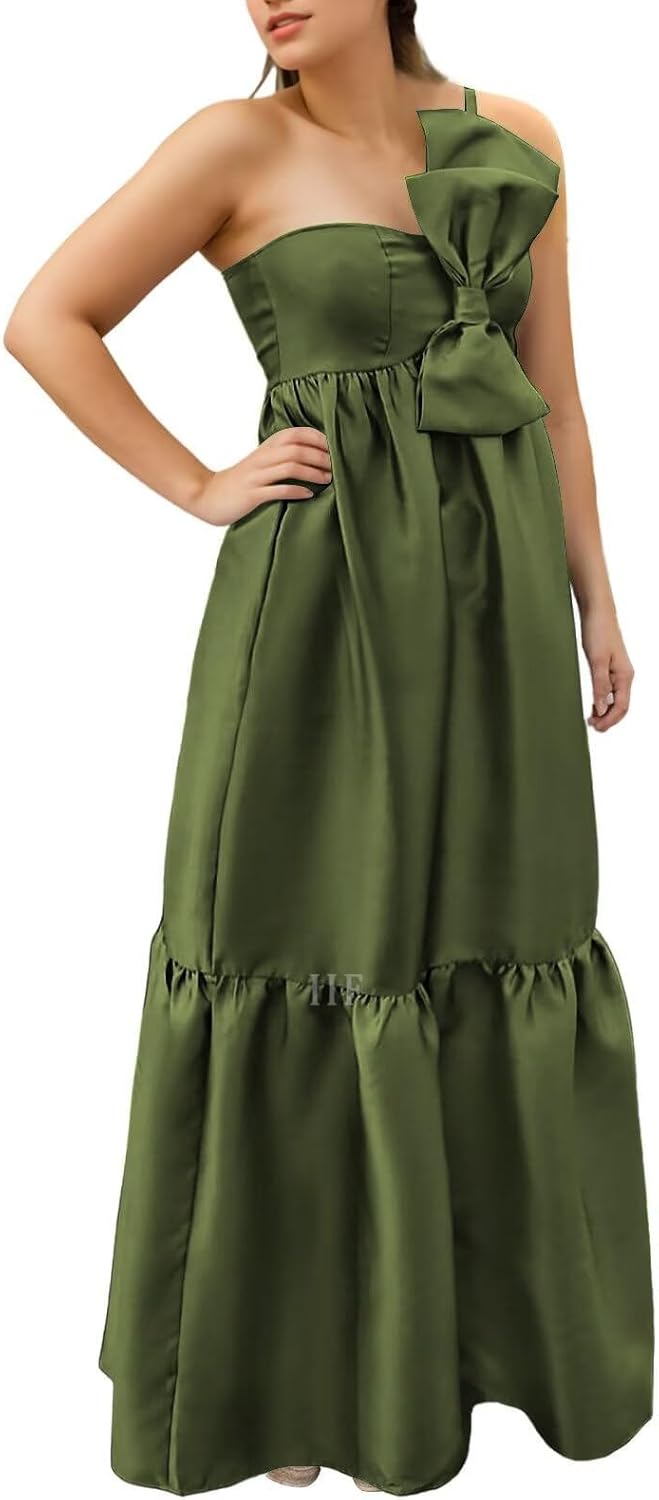 IIF Women's One Shoulder Bridesmaid Dresses with Bow Long Prom Dress Satin Formal Maternity Dresses IIF142