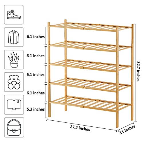 Image of Shoe Rack Organizer for Closet Entryway, 5 Tier Bamboo Shoe Shelf, Small & Stackable Shoe Rack, 2 Tier + 3 Tier Shoe Rack, Tall Shoe Storage, D11 * W27.2 * H32.7 Inches, Natural