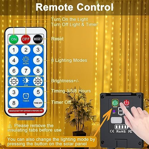 yowin Solar Curtain Lights 3M x 3M 300 LED Gazebo Lights with Remote, 8 Modes Solar Garden Lights Waterproof Wall Fairy for Balocony Fence Pergola Mauquee Wedding Party Decorations - Warm White