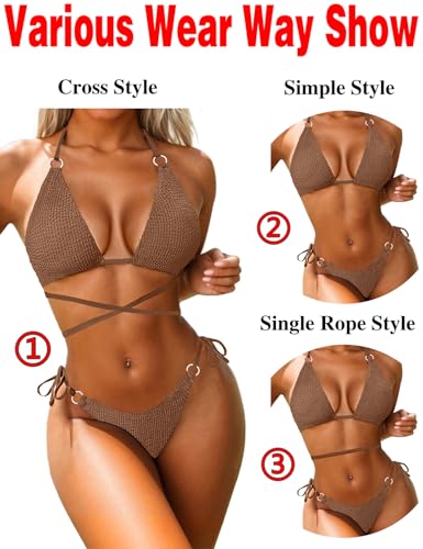 Image of Women Bikini Set Metal Ring Two Piece Swimsuit | Various Wear Way,High Elasticity Breathable Fabric,Cross Strap Design Bathing Suit Swimwear