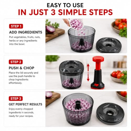 Image of TheXpert Chopper for Kitchen Use, Vegetable Chopper 750ml with 3 Blades | Vegetable chopper for kitchen with 3 sharp stainless steel blades for quick and even cutting