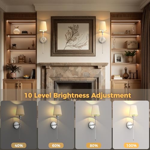 Image of DORESshop Battery Operated Wall Sconce Set of 2, Wall Light Wireless Easy Install, Dimmable and Adjustable Sconce Wall Decor, Rechargeable Wall Lamp for Bedroom, Living Room, Chrome and Glass 24.6in