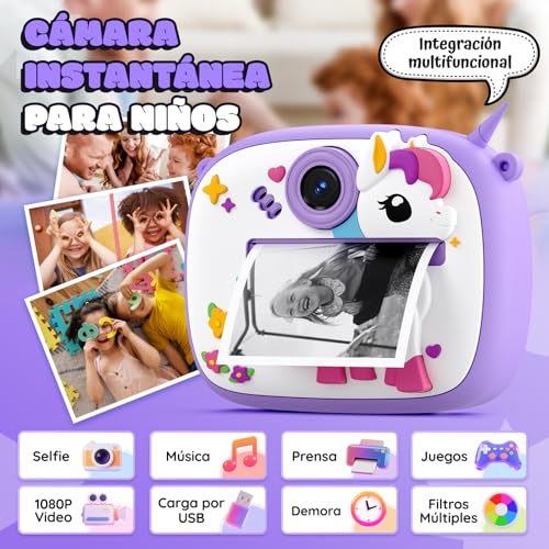 Miniatura 3 de Cámara Instantánea Para Niños, Camara Fotos Infantil Instantanea Pantalla De 2,4 Pulgadas,Papel De Impresión Y Tarjeta De 32 Gb, Juguete Regalo Para Niños Y Niñas De 3 A 14 Años Púrpura