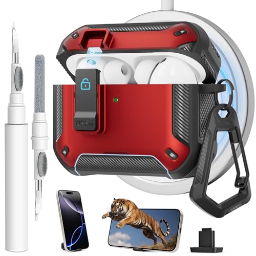 Image of for AirPods Pro 3 Case with Magnetic Lock and Phone Stand, Compatible with Magsafe Charging,with Carabiner&Cleaner kit for Apple iPod Pro 3rd Generation Cover(2025) Men Women (Red)