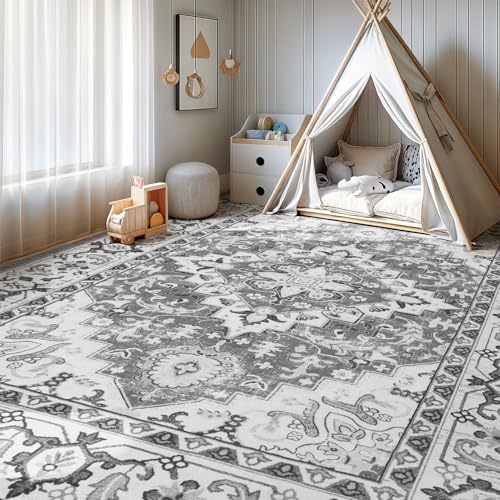 Lofus 6x9 Area Rugs for Living Room, Washable Area Rug, Rugs for Bedroom, Kitchen, Vintage Boho Carpet, Soft Non-Slip, Low Pile Large Area Rug for Office Dining Room, Floral Grey