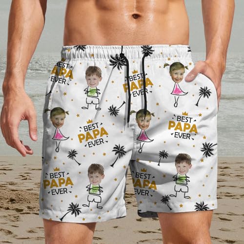 Custom Photo Best Dad Ever Coconut Palm Beach Short Upload Photo With Pattern Men's Beach Short 3D Printed Beach Board Shorts with Pockets Cool Mesh Lining, Personalized Kid's Face Beach Board Shorts3