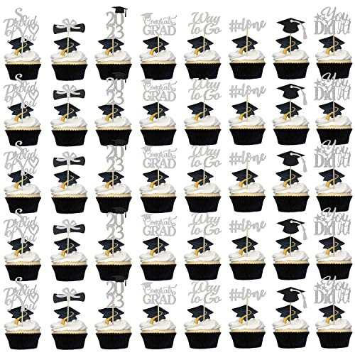 Graduation Cupcake Toppers 2023 Silver,Glitter Class Of 2023 Cupcake Toppers Supplies,Class Of 2023 Congrats Grad Cap Diploma Cupcake Picks For Graduation Party Decorations 2023 Silver And Black-40Pcs #TOP14