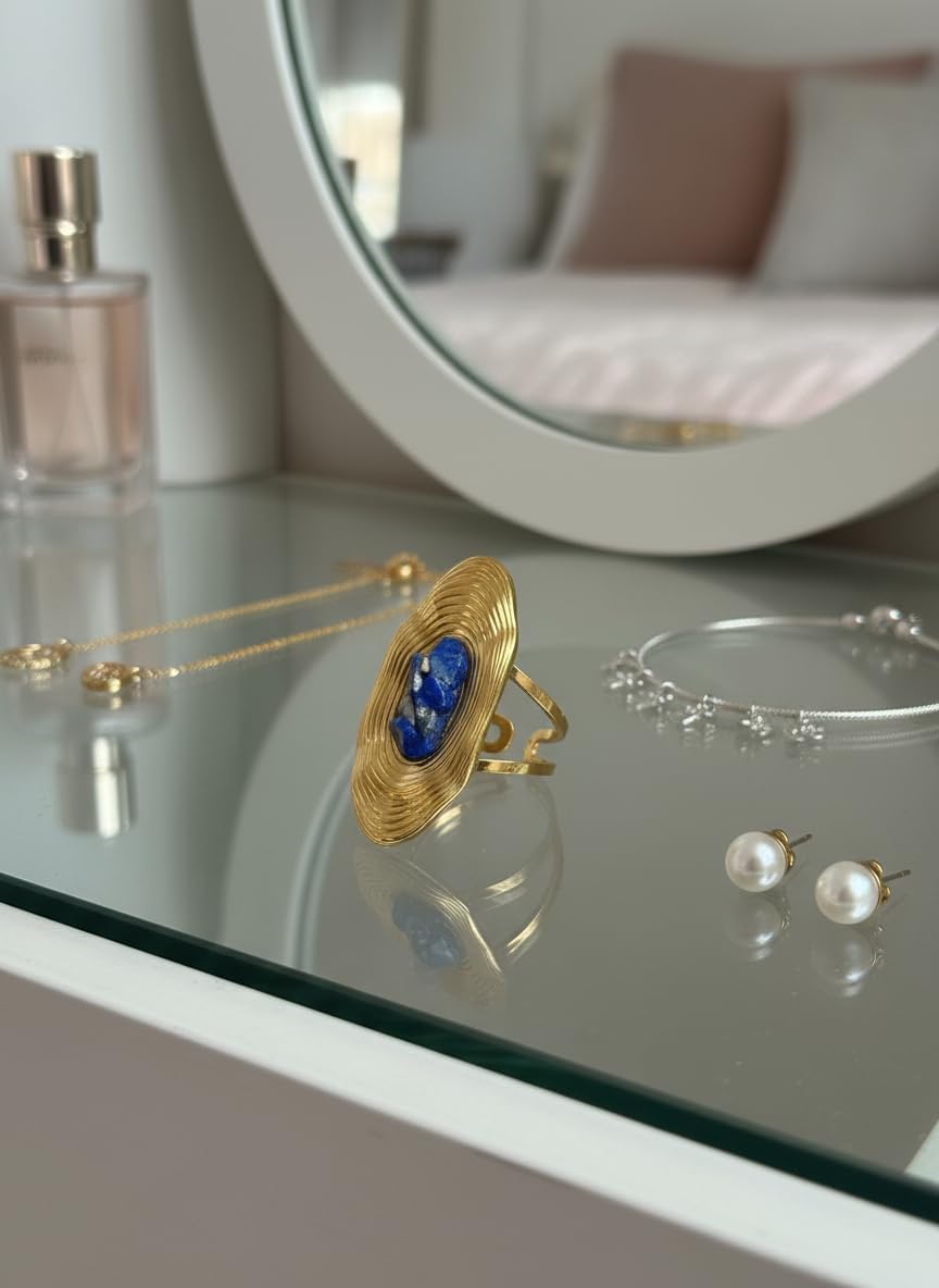 Lapis Lazuli Ring, Gold Chunky Rings for Women, Adjustable Stainless Steel Ring for Costume Jewelry - Image 2