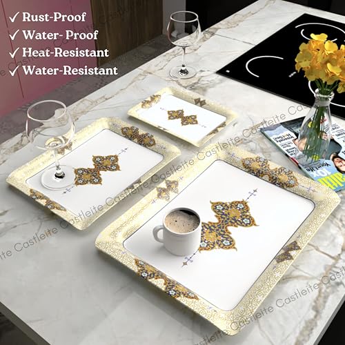 Image of Castleite Valencia Series Melamine Trays Set of 3 with Handles for Serving Snacks or Tea - A Designer Tray Medley for Home or Cafe Use (Beyla)
