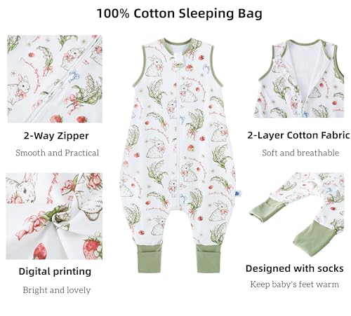 Chilsuessy Baby Schlafsack Mit Beinen 1.5 Tog - 100% Baumwolle Ganzjahres Babyschlafsack Mit Füßen, Erdbeer Kaninchen, 80cm/Baby Höhe 85-95cm