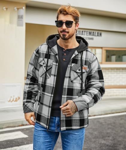 Image of ZITY Men's Flannel Jacket Zip Up Fleece Plaid Shirt Hoodie Winter Warm Coat | Thick Sherpa Lined, Long Sleeve Outwear, Heavyweight, Sweatshirt with Pocket, Work School Vacations