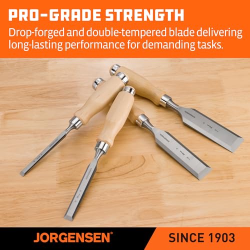 Image of Jorgensen 4-Piece Expansion Wood Chisel Set, Chromium Alloy Steel Beveled Edge Wood Chisels, Wood Chisels for Woodworking, Ergonomic Hardwood Handle with Metal Ferrule, 3 /8 inch, 5 /8 inch, 1-1 /4 inch, 1-1 /2 inch