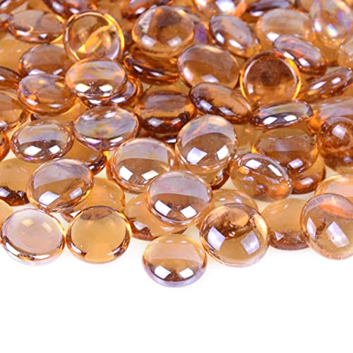 KINGOU Flat Glass Gems/Marbles/Stones/Beads for Vase Filler, Table Scatter, Games - 1 Lbs (17-19mm, Approx. 3/4\")-Light Brown