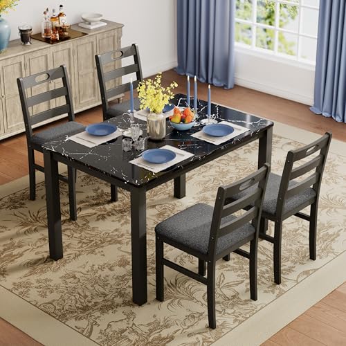 PHI VILLA 5 Piece Dining Table Set for 4, Marble Design Kitchen Table Chairs Set of 4, Solid Wood Space-Saving Dining Room Table Set for Apartment, Veined Black Marble& Gray