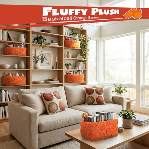 2 Pcs Orange Basketball Storage Baskets 14x10 Inch Basketball Basket Sport Theme Home Decor Foldable Fluffy Plush Storage Bin with Handle Decorative Closet Organizer for Home Office Laundry Car by Yiyiring - Image 3