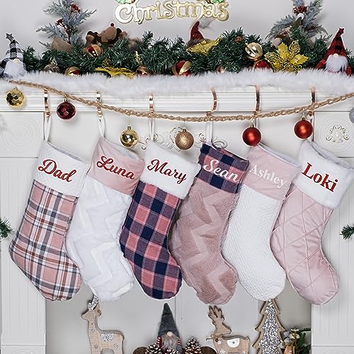 LUBOT-6-Pack-Personalized-Christmas-Stocking-Custom-Names-20-Large-Family-Xmas-Stockings-Pink-Plaid-Plush-Farmhouse-Fireplace-Hanging-Decorations LUBOT 6 Pack Personalized Christmas Stocking Custom Names 20 Large Family Xmas Stockings Pink Plaid Plush Farmhouse Fireplace Hanging Decorations