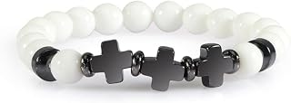 Pulsera elástica de hematita con cruz de Jesús y cuentas de lava de piedra natural para hombres y mujeres, joyería de oración cristiana, regalo para hombre, color blanco