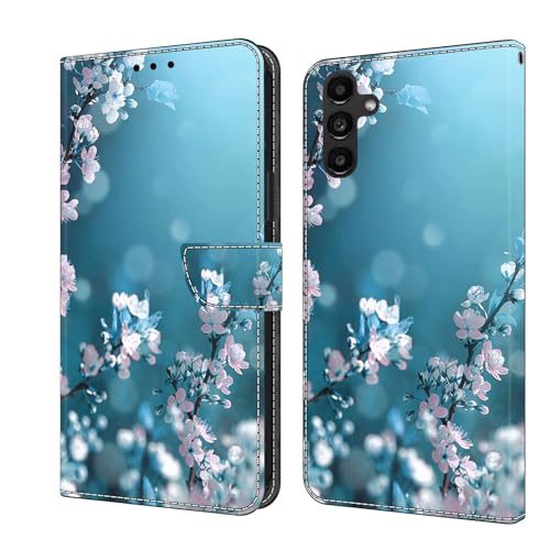 CLM-Tech Handyhülle kompatibel mit Samsung Galaxy A17 5G / A26 5G Hülle - Tasche aus PU Leder - Klapphülle mit Ständer und Kartenfächern - Schutzhülle Wallet Case Cover Pflaumenblüte blau