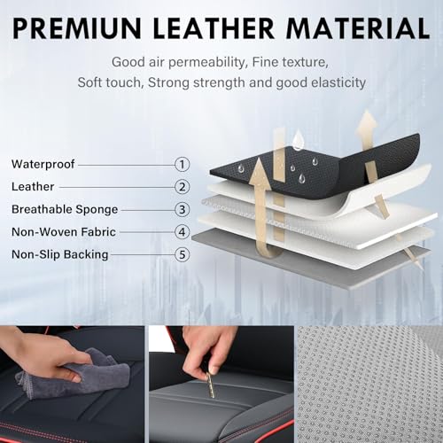 Image of Coverado Car Seat Covers Full Set, 5 Piece Car Seat Protector with Removable Headrest, Nappa Leather Breathable Front Rear Seat Cushion Side All Wrapped Universal Fit Truck Most Cars (Black & Red)