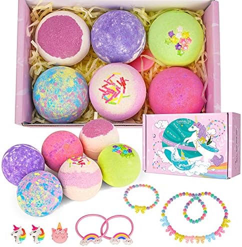 Canvalite Natural Bath Bombs for Kids with Surprise Toy Jewelry Inside 6PCS Handmade Bubble Bath Bomb Gift Set, Birthday Easter Christmas Girls Gifts with Unicorn Jewelry Bubble Spa Fizzy Bath Bombs