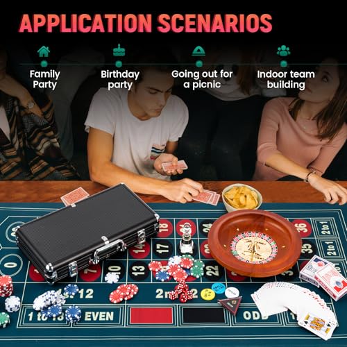 Proshine Super 11” Roulette Wheel set & Blackjack Set with 300pcs Poker Chips + 47.2*23.6” Double-sided Roulette Tabletop + 2 Decks of Playing Cards + 6 Dice + 4 Casino Buttons + Roulette Win Marker