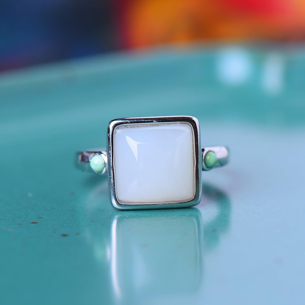 S925 Silver-Inlaid Natural White Jade Square Ring Opening Adjustable Including Certificate
