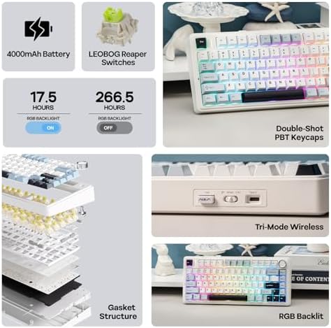 EPOMAKER x Aula F75 Gasket Mechanical Keyboard, 75% Wireless Hot Swappable Gaming Keyboard with Five-Layer Padding&Knob, BT/2.4GHz/USB-C, RGB (Light Blue, LEOBOG Reaper Switch) - 2