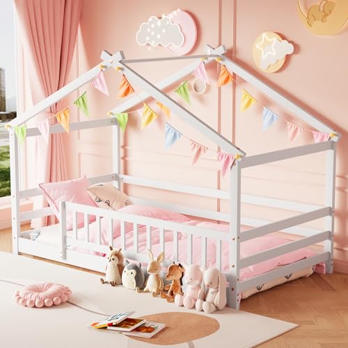 Twin Montessori Floor Bed with Fence (White)