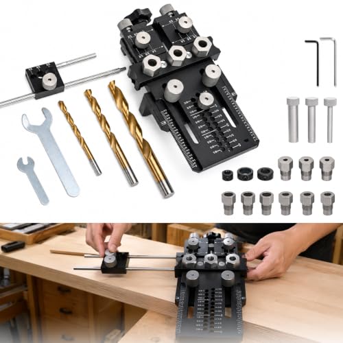 Adjustable Dowel Jig Kit with Quick Positive Stop & Clamp, 1/4" 3/8" 1/2" Doweling Drill Guide,Precision Straight Hole Drilling Jig for All Wood Thickness,Woodworking Joint Tool for Cabinet &Furniture