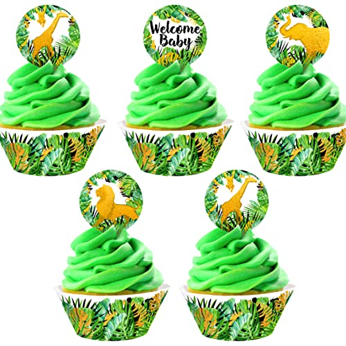 Golden Safari Baby Shower Cupcake Kit 48 Pieces Total 24 Baby Shower Cupcake Toppers and 24 Cupcake Wrappers Safari Baby