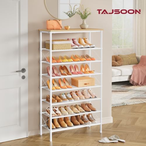 Tajsoon 8 Tier Shoe Rack Organizer for 28-32 Pairs of Shoes, White & Log