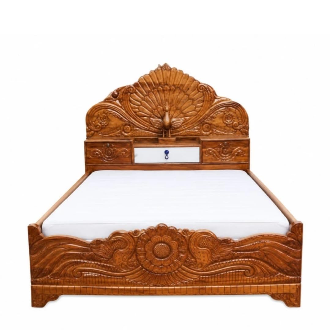 Model Art Furniture Solid Wood King Size Box Bed with Peacock Carving | Handcrafted Carving, Built-in Storage Drawer, Floral Motif Design, King Size Bed, Solid Wood Construction-image-47